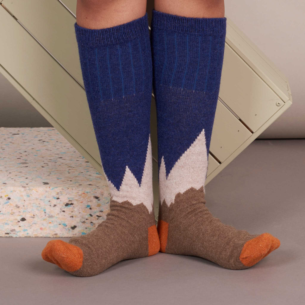 KNEE SOCKS - lambswool - women's  -  mountain - navy orange - CASE SIZE 3