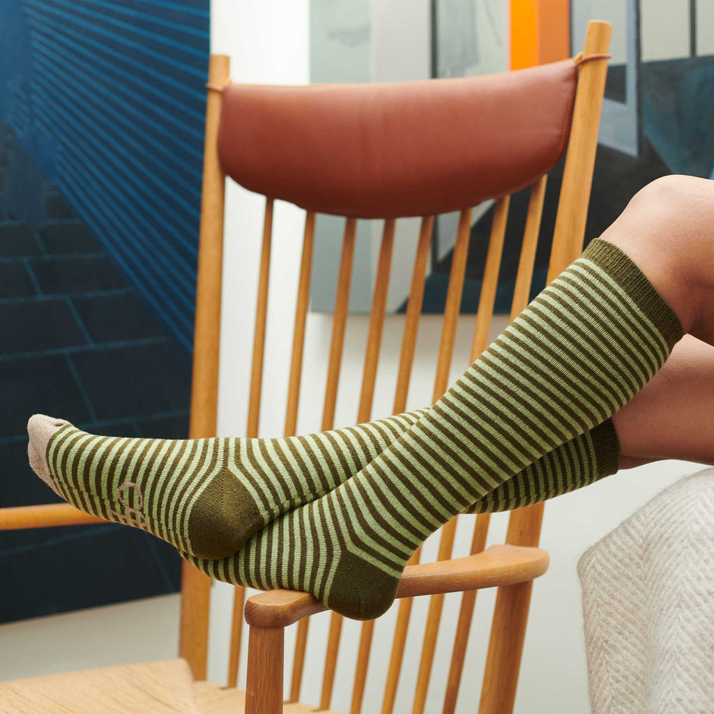 KNEE SOCKS - lambswool - women's - stripe - green - CASE SIZE 3