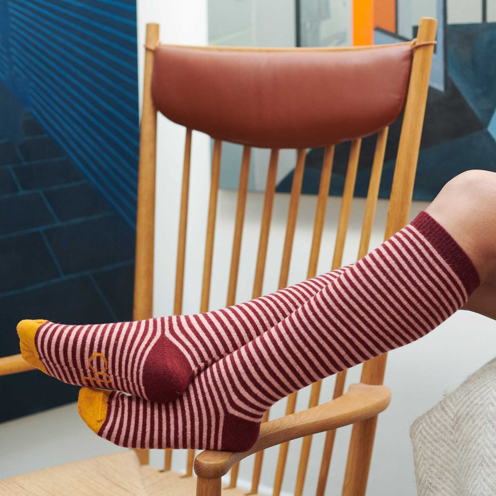 KNEE SOCKS - lambswool - women's - stripe - plum - CASE SIZE 3