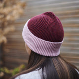 Dark Red & Dusky Pink Ribbed Lambswool Unisex Beanie