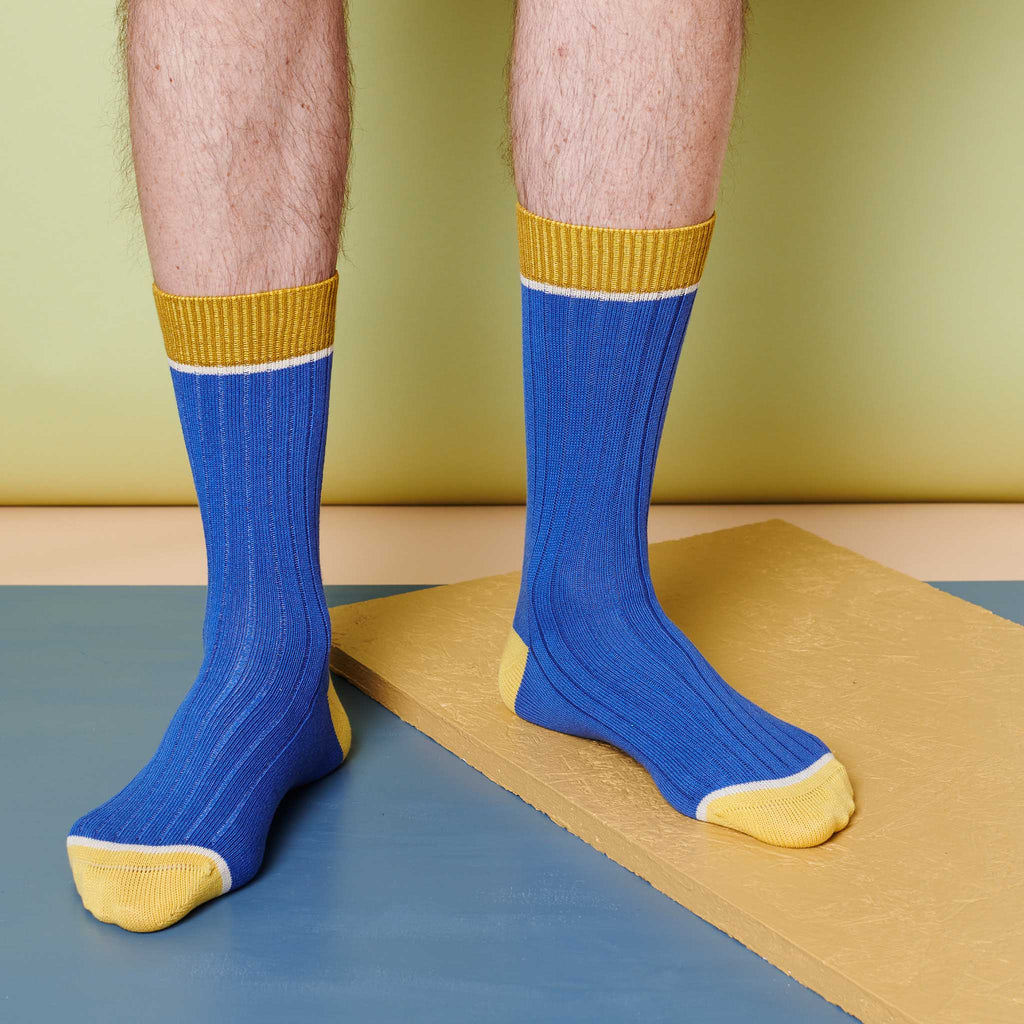 Unisex Organic Cotton Ribbed Ankle Socks - Blue Block
