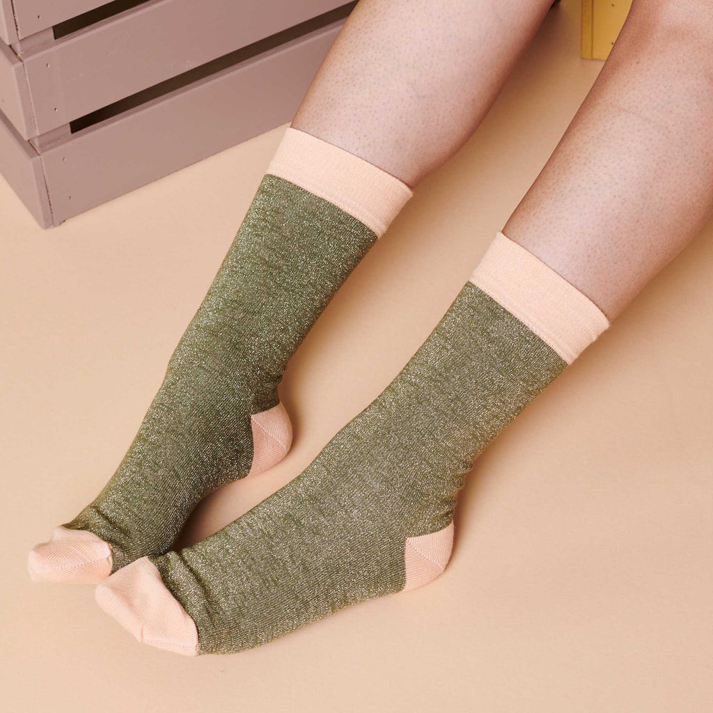 ANKLE SOCKS - cotton - women's - LUREX - khaki & peach 
