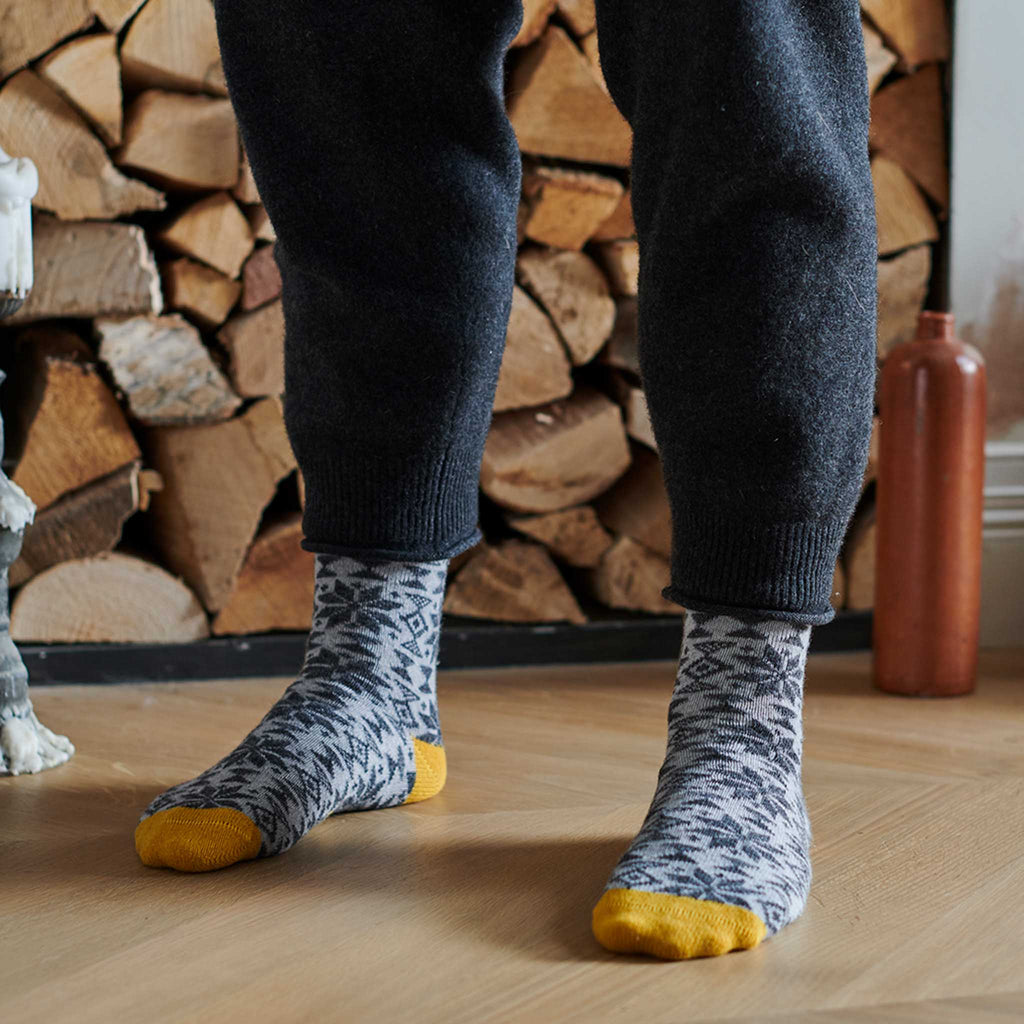 ANKLE SOCKS - lambswool -men's  - fair isle - grey
