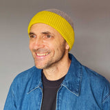HAT - beanie - soft brown & electric yellow