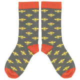 Gray socks with yellow bee pattern and red accents on a white background