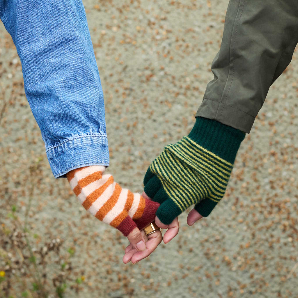 Rust & Peach Stripe wrist warmer & green stripe glove
