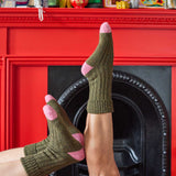 Unisex Recycled Silk Blend Chunky Socks - Dark Green & Pink