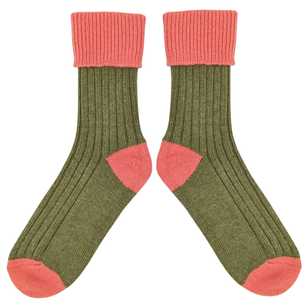 Khaki Green & Coral Cashmere Blend Slouch Socks