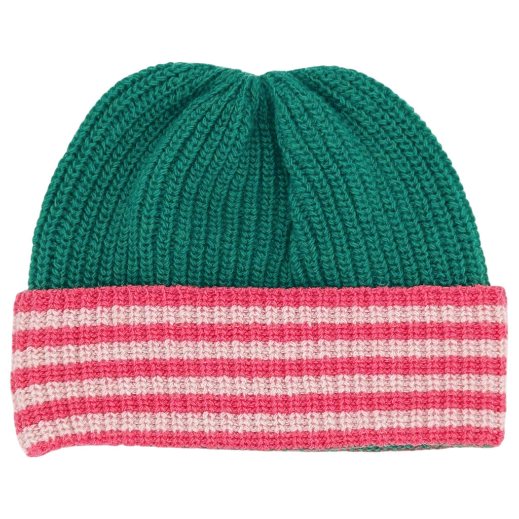A ribbed knit beanie hat with a solid green crown and a folded cuff featuring horizontal pink and white stripes, shown against a plain white background.