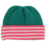 A ribbed knit beanie hat with a solid green crown and a folded cuff featuring horizontal pink and white stripes, shown against a plain white background.