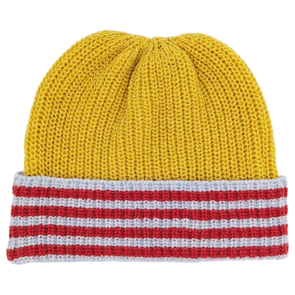 A yellow ribbed knit beanie hat with a folded cuff featuring horizontal red and light gray stripes, shown against a plain white background.
