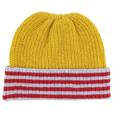 A yellow ribbed knit beanie hat with a folded cuff featuring horizontal red and light gray stripes, shown against a plain white background.