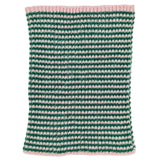 A rectangular knit blanket with horizontal stripes of dark green, white, and light pink, featuring solid pink ribbed borders on the top and bottom, shown against a plain white background.