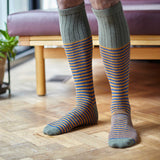 KNEE SOCKS - lambswool - men's  - stripe - navy/mustard - CASE SIZE 3