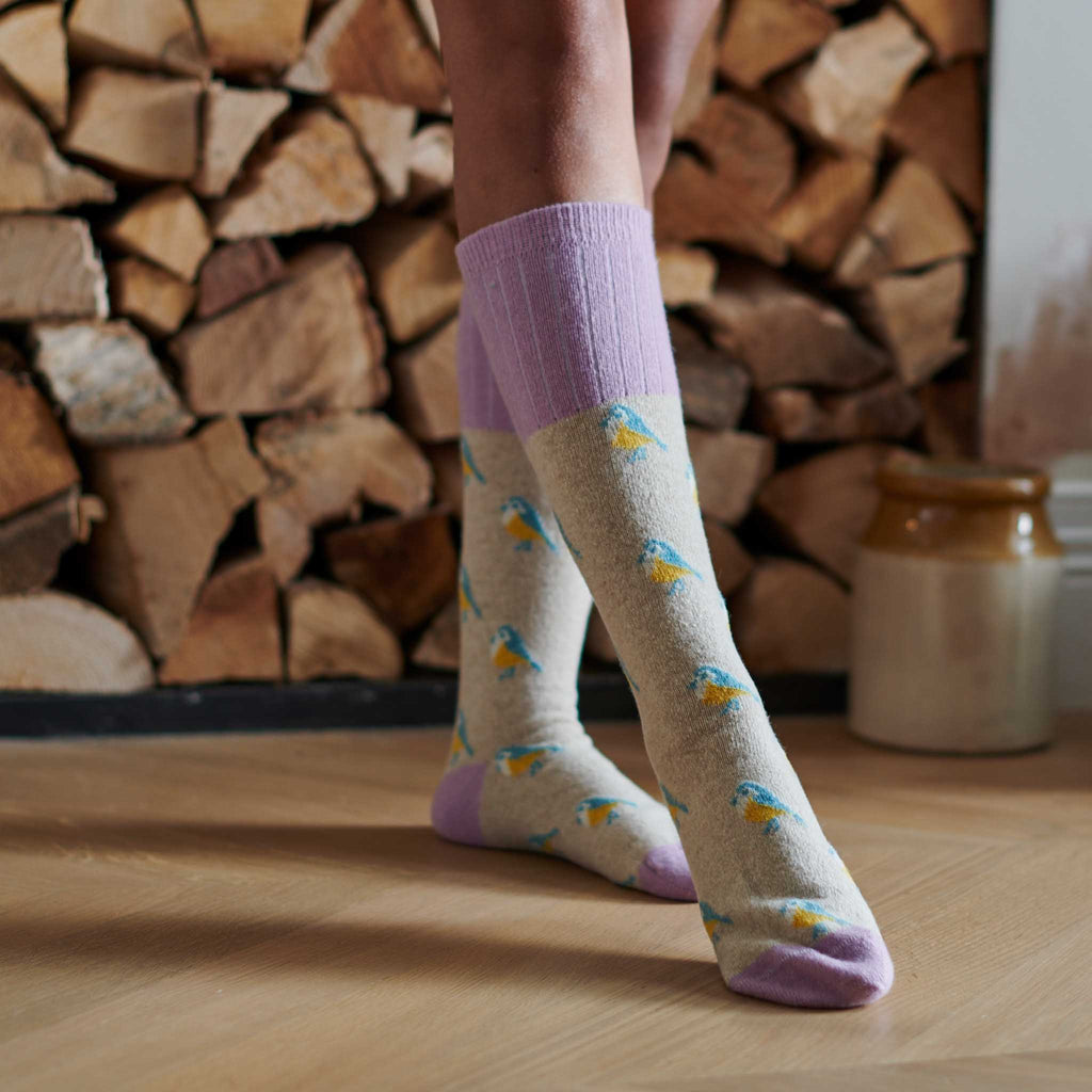 KNEE SOCKS - lambswool - women's  - blue tit - oat & lilac