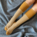 KNEE SOCKS - lambswool - women's  - stripe - mustard