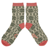 ANKLE SOCKS - lambswool - women's  - fair isle - green & coral - CASE SIZE 3