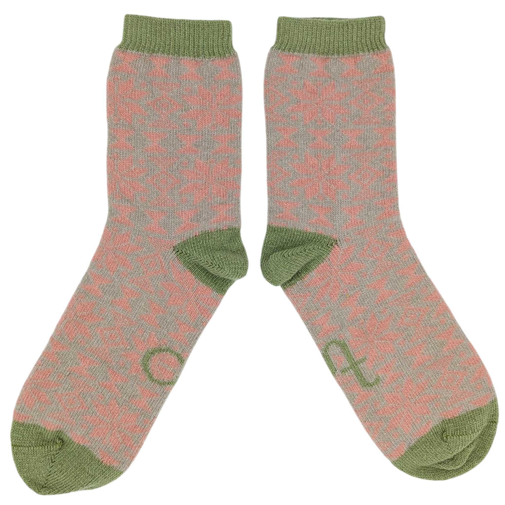 ANKLE SOCKS - lambswool - women's - fair isle - pink/mint - CASE SIZE 3