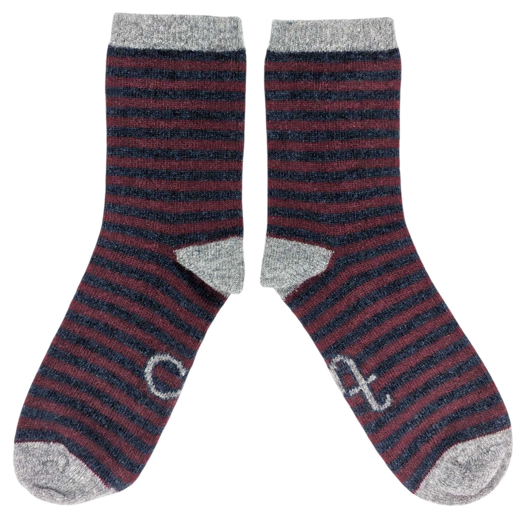 ANKLE SOCKS - lambswool - women's - stripe - plum/navy - CASE SIZE 3