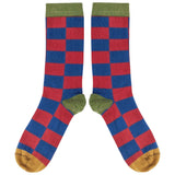 Men's Red & Navy Battenburg Check Organic Cotton Ankle Socks