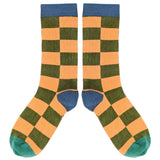 Women's Khaki & Peach Battenburg Check Organic Cotton Ankle Socks