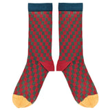 Men's Organic Cotton Ankle Socks - Grey & Red Check Pattern