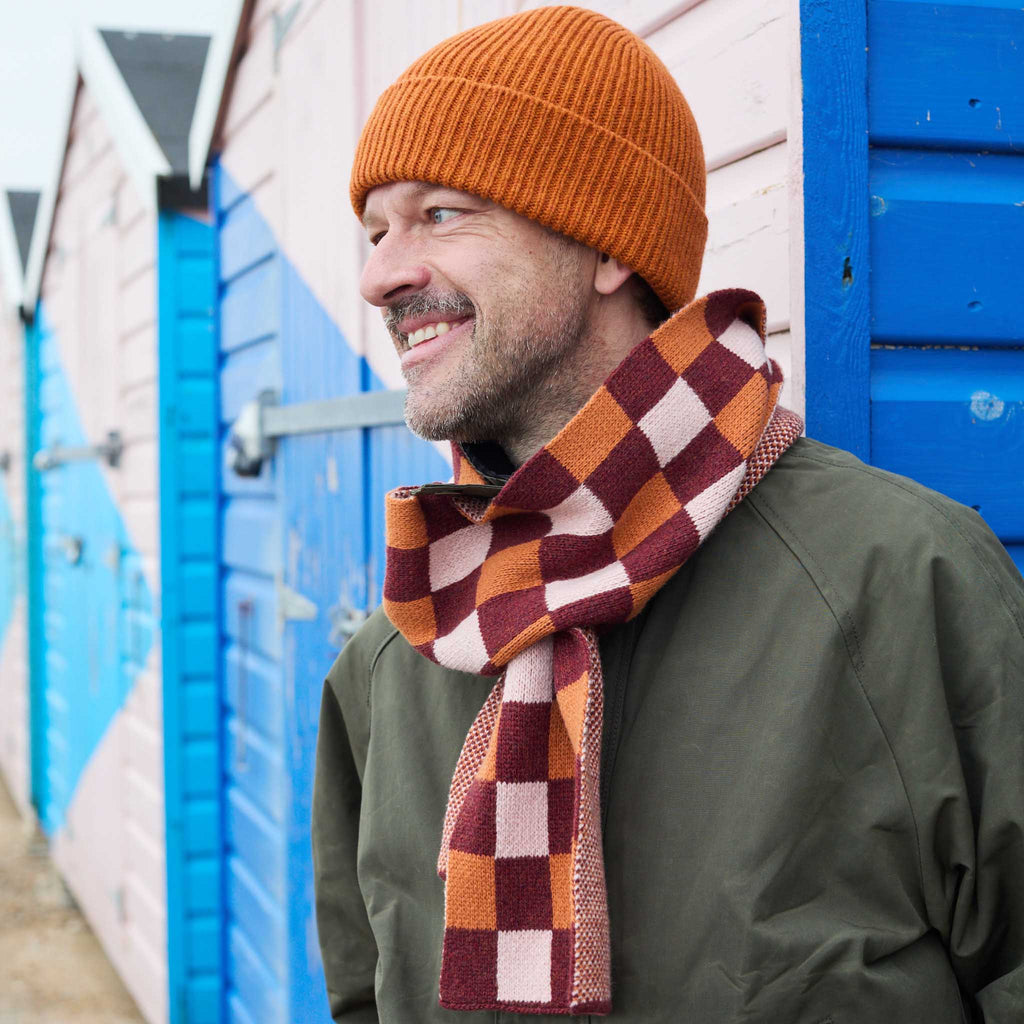 Narrow Lambswool Scarf - Rust & Apricot Check Pattern