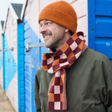 Narrow Lambswool Scarf - Rust & Apricot Check Pattern