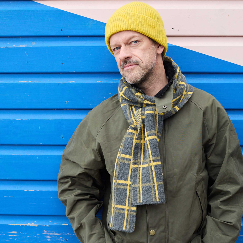 Narrow Lambswool Scarf - Charcoal & Yellow Grid Pattern