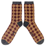 Men's Soft Lambswool Ankle Socks - Red & Brown Diamonds
