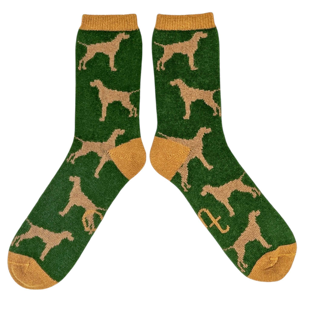 Men's Soft Lambswool Ankle Socks - Dark Green Dogs