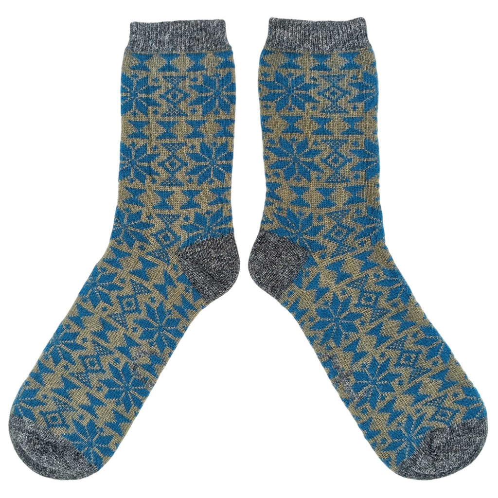 Men's Soft Lambswool Ankle Socks - Green & Teal Fair Isle Pattern