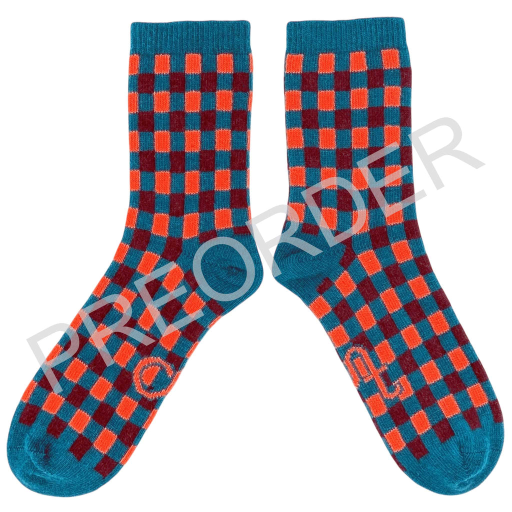 ANKLE SOCKS - Lambswool - Men's  - Squares - Teal/Red