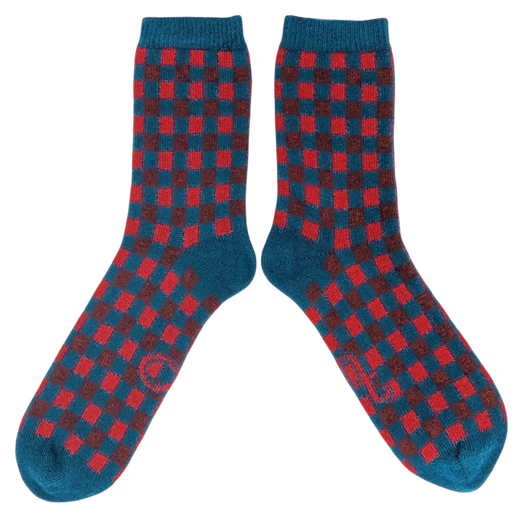 Men's Lambswool Ankle Socks - Red & Teal Check Pattern