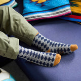 Men's Soft Lambswool Ankle Socks - Navy & Grey Diamonds