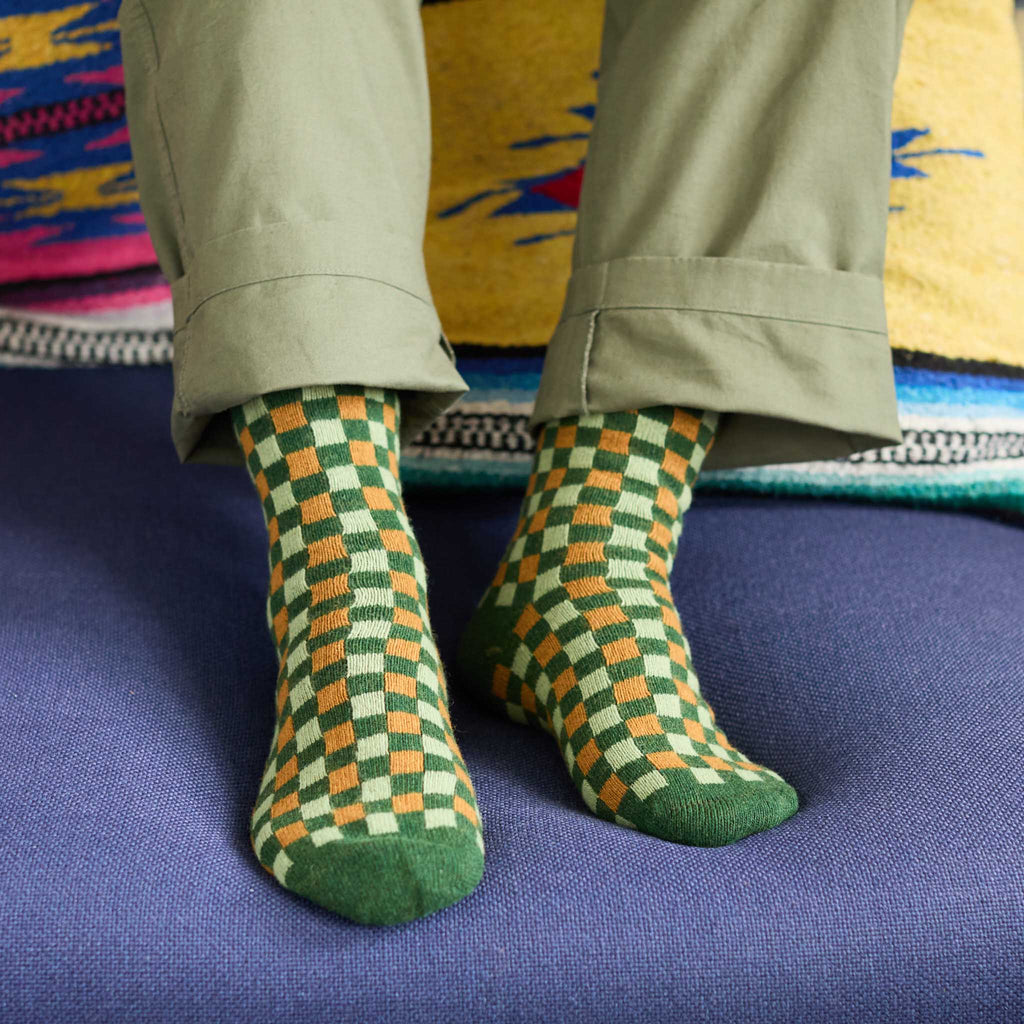 Men's Soft Lambswool Ankle Socks - green & mustard check pattern