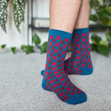 Men's Soft Lambswool Ankle Socks - Red & Teal Check Pattern