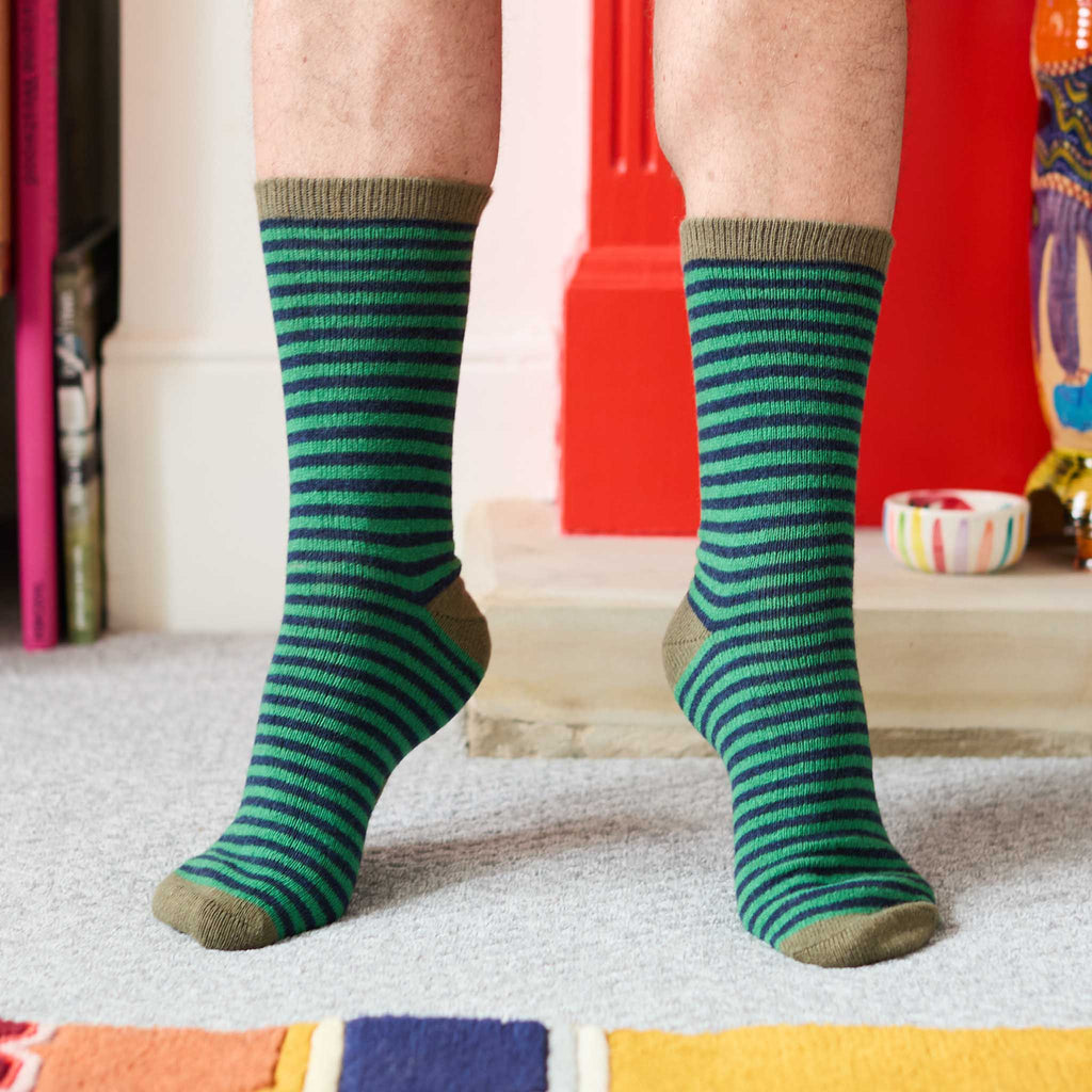 Men's Soft Lambswool Ankle Socks - Green & Navy Stripe