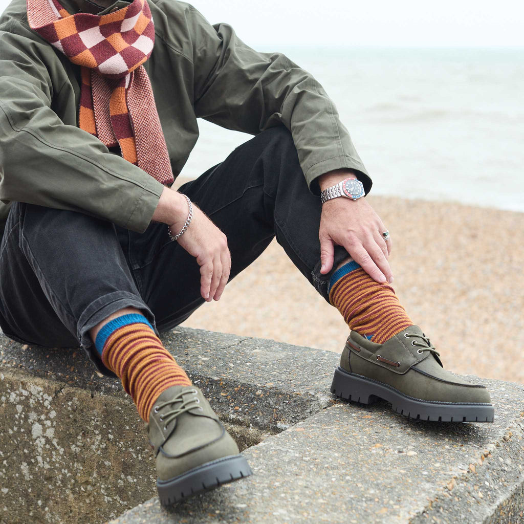 Men's Soft Lambswool Ankle Socks - Red & Mustard Stripe