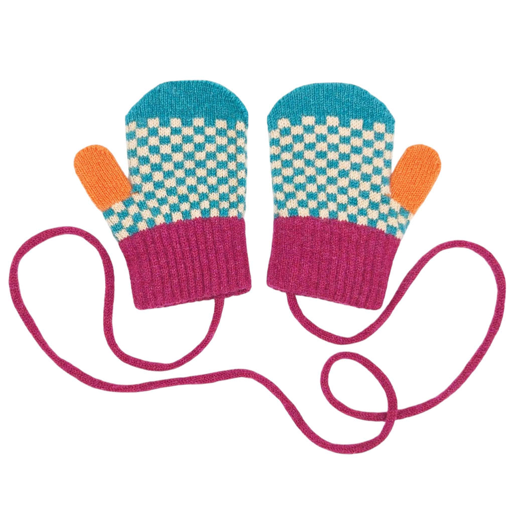Kids' Lambswool Mittens on a String - Green & Peach Check