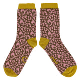 ANKLE SOCKS - lambswool - women's  -  leopard - brown & pink - CASE SIZE 3