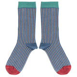 Women's Blue & Peach Pinstripe Organic Cotton Ankle Socks