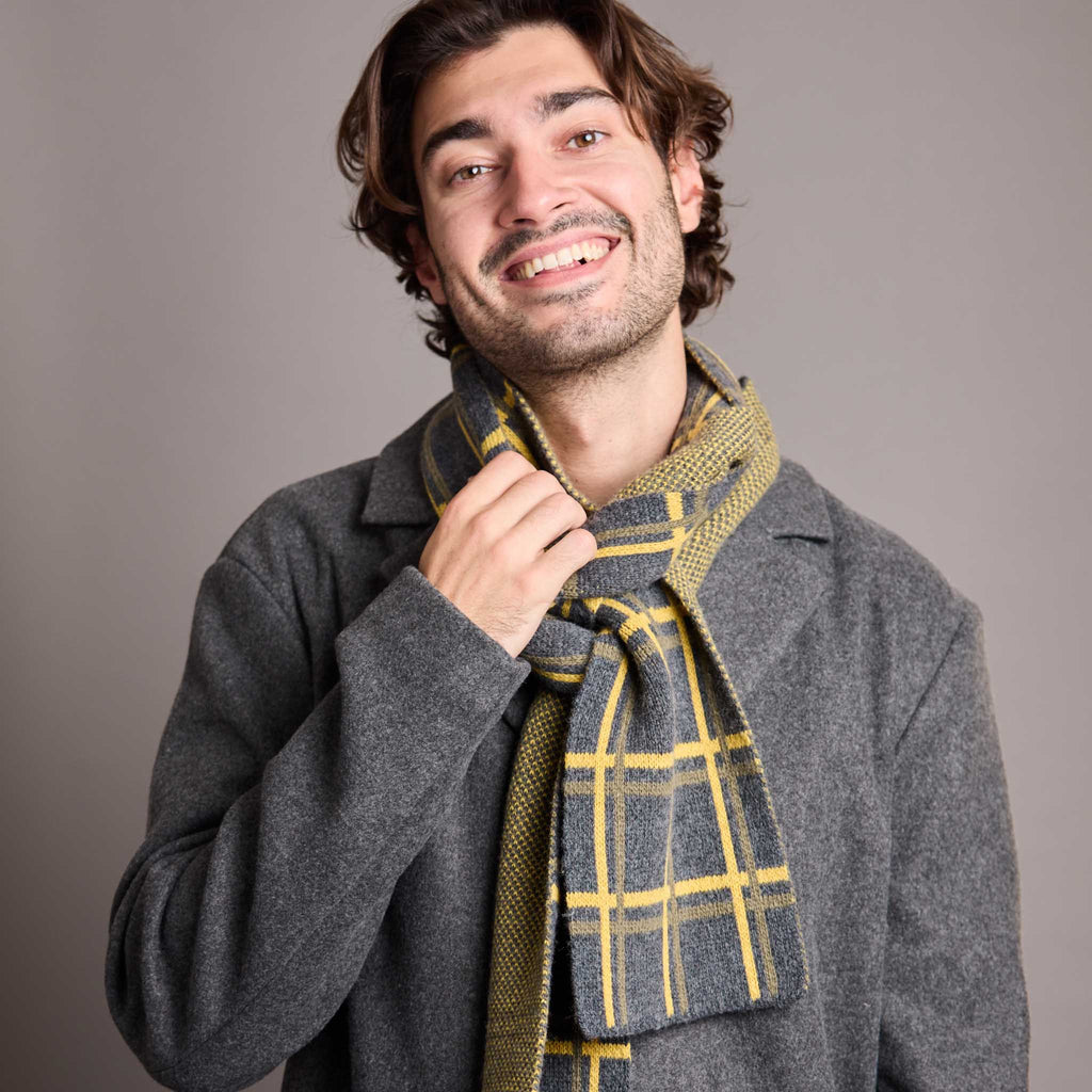Narrow Lambswool Scarf - Charcoal & Yellow Grid Pattern