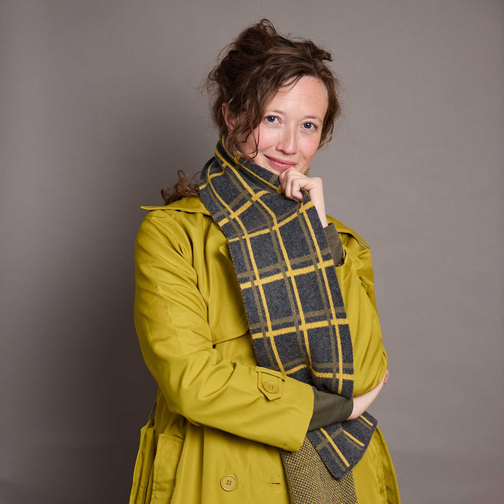 Narrow Lambswool Scarf - Charcoal & Yellow Grid Pattern