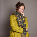 Narrow Lambswool Scarf - Charcoal & Yellow Grid Pattern