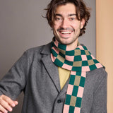 Narrow Lambswool Scarf - Pink & Green Check Pattern