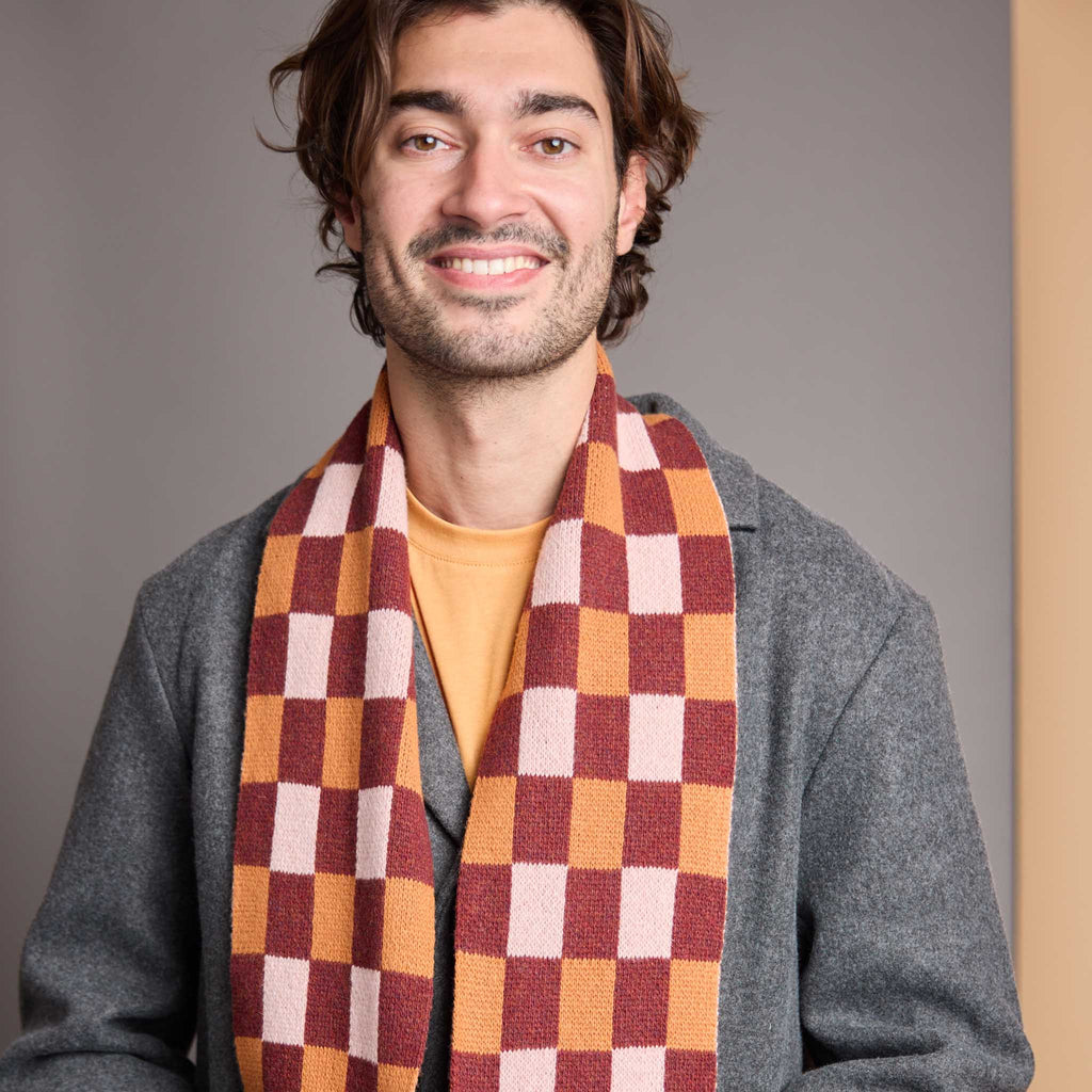 Narrow Lambswool Scarf - Rust & Apricot Check Pattern