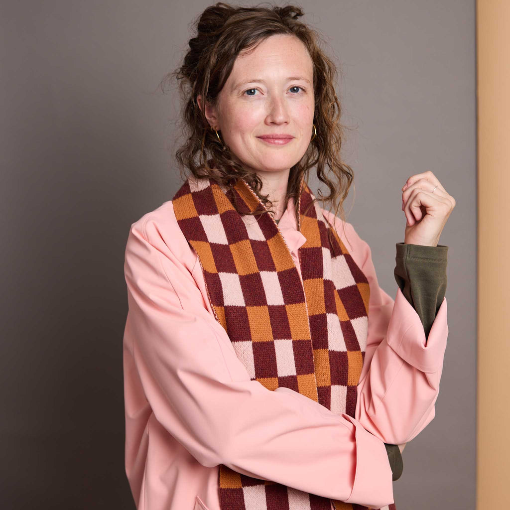 Narrow Lambswool Scarf - Rust & Apricot Check Pattern