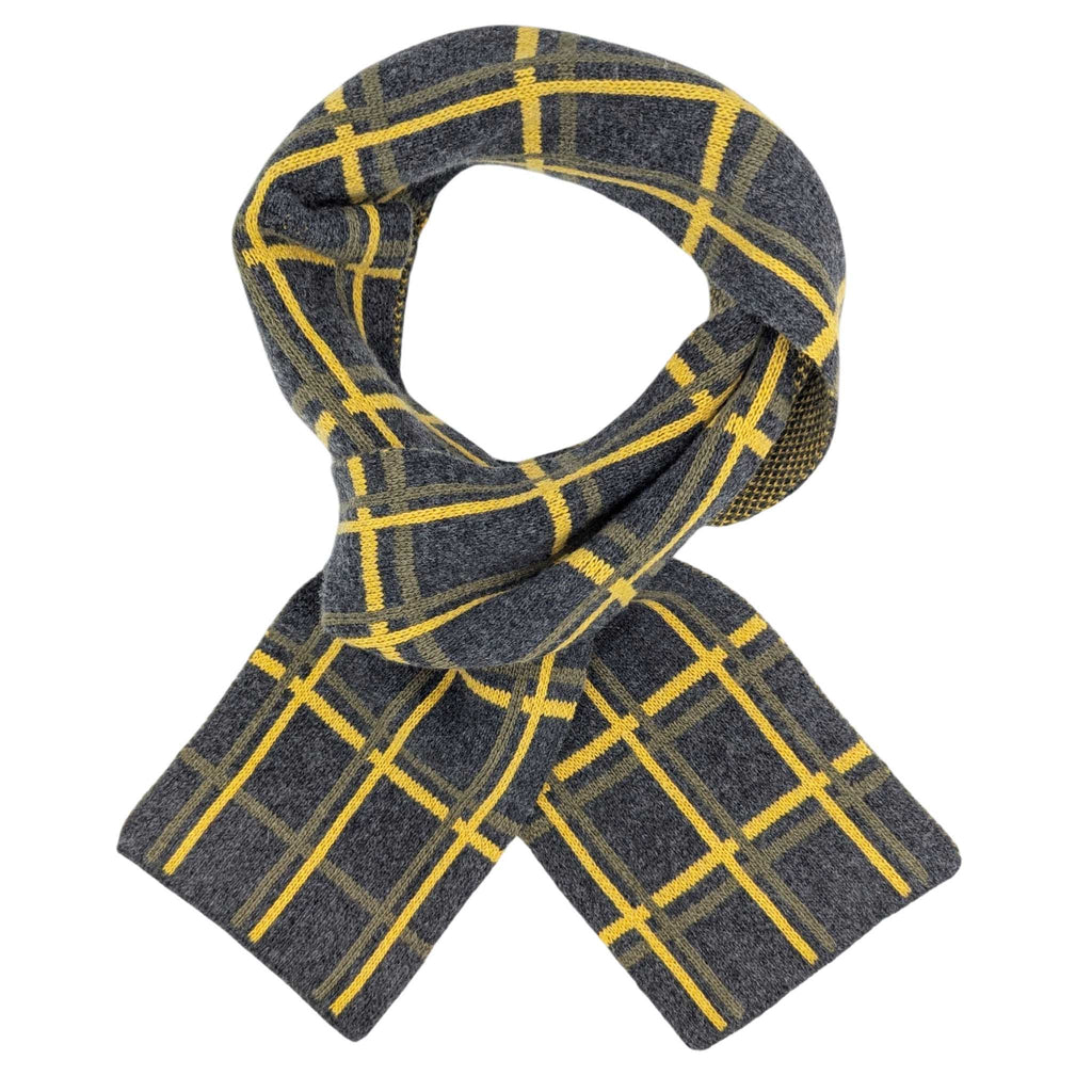 Narrow Lambswool Scarf - Charcoal & Yellow Grid Pattern