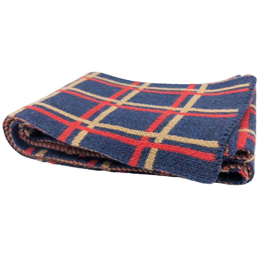 Narrow Lambswool Scarf - Navy & Red Grid Pattern